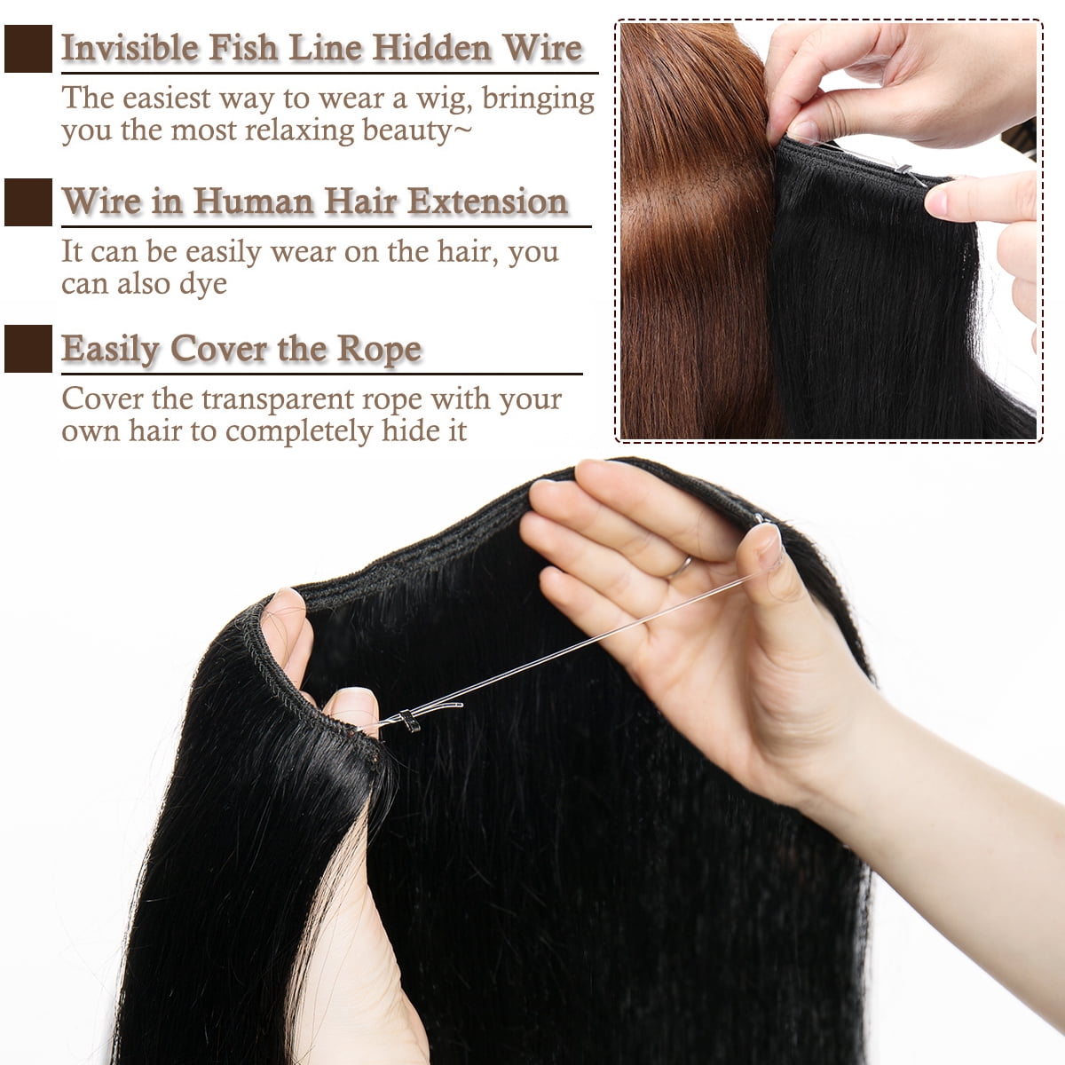 SEGO Wire in Human Hair Extensions Hidden Hair Extensions with Invisible Band Translucent Fish Line Hairpiece without Clip