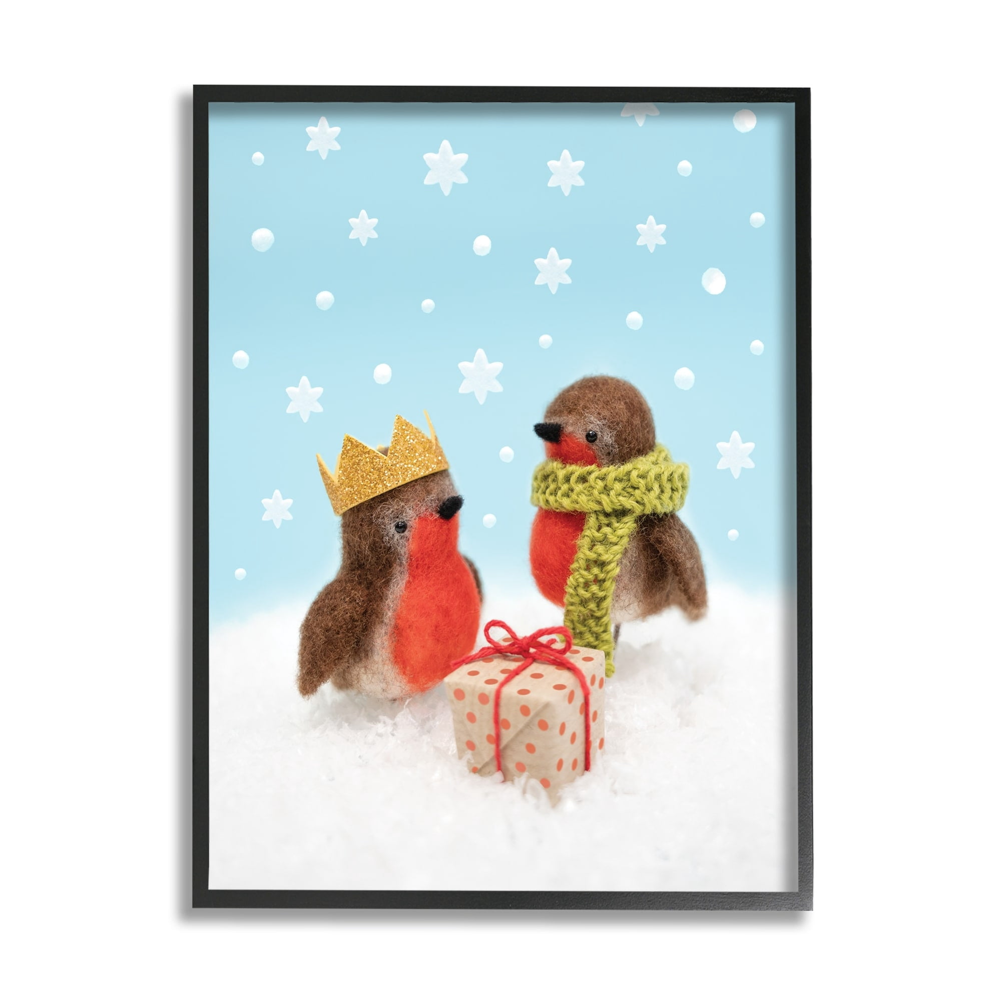 Stupell Industries Birds Gift Giving Christmas Snow Holiday Photography White Framed Art Print Wall Art