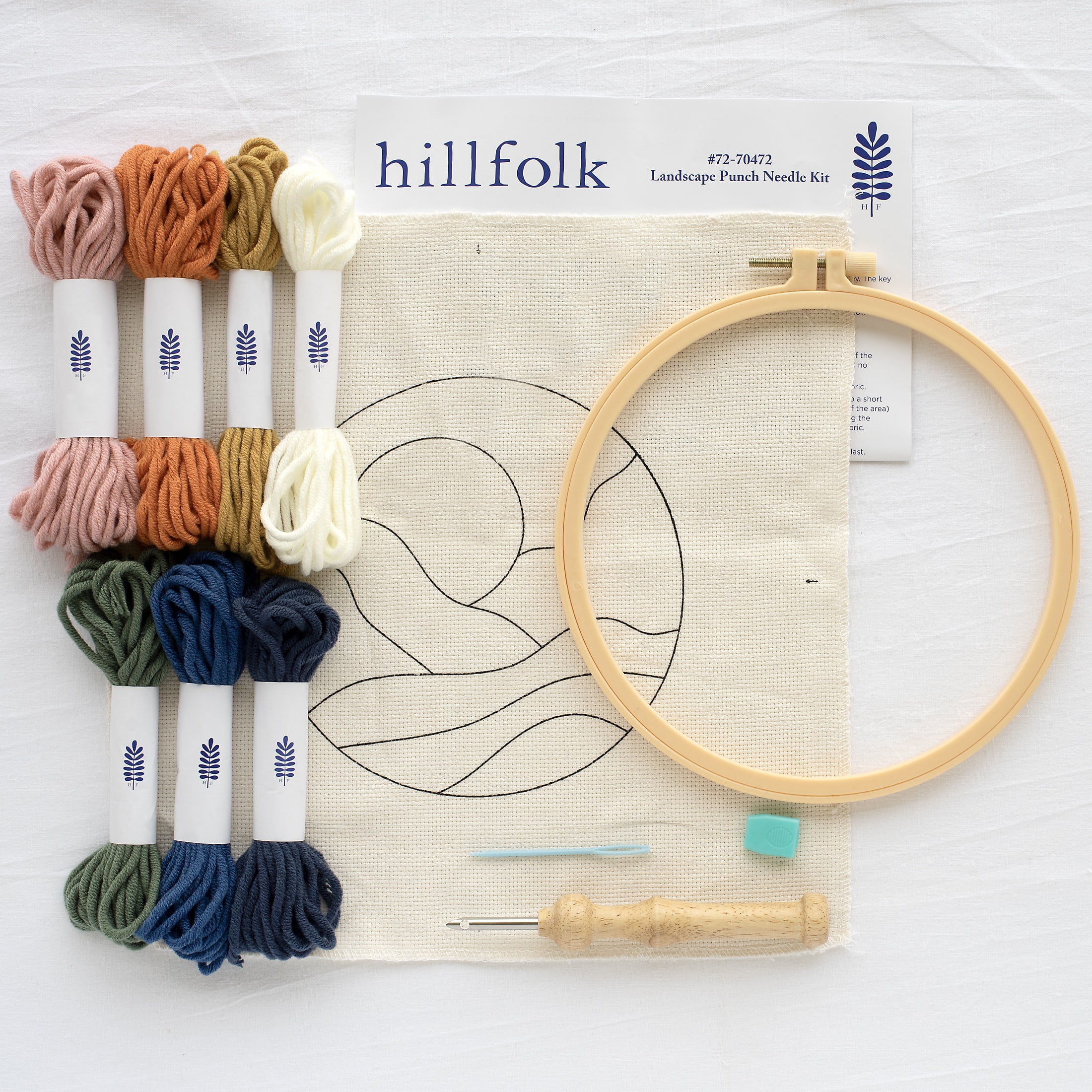 Hillfolk Punch Needle Landscape Kit Includes A 8 Inch Plastic Hoop, Printed Fabric, Yarn, Punch Needle Tool And Instructions. Makes An 8 Inch Punch Needle Design.