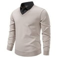 thumbnail image 2 of Men's Color Block Two In One Shirt Long Sleeve Quarter Button Lapel Collar Solid Pullover Top Beige 4XL, 2 of 4