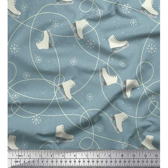 Soimoi Blue Silk Fabric Snow Flake & Ice Skates Travel Printed Fabric 1 Yard 42 Inch Wide