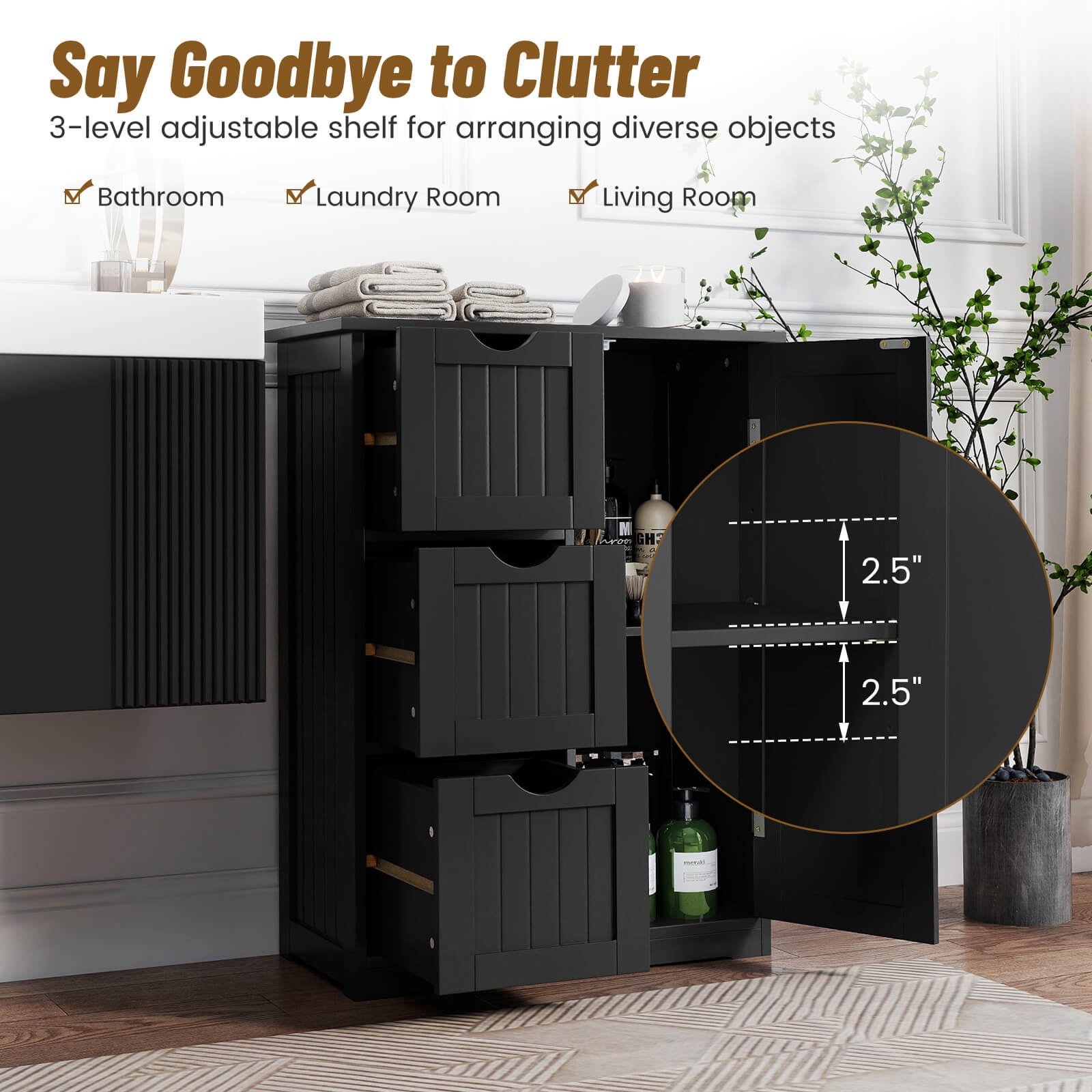 Costway Bathroom Floor Cabinet Side Storage Cabinet, Black, 12''