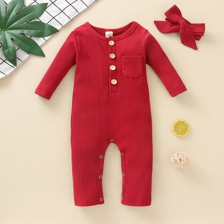 

EQWLJWE Newborn Infant Baby Long Sleeve Solid Button Jumpsuit Romper+Headbands Sets Girls Sets Holiday Clearance