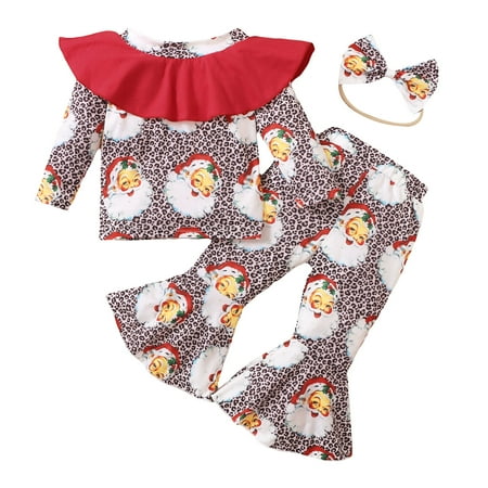 

Aompmsdx Toddler Baby Girls Long Sleeve Christmas Xmas Cartoon Santa Leopard Printed Tops Flare Pants Outfits Christmas Hello Kitty