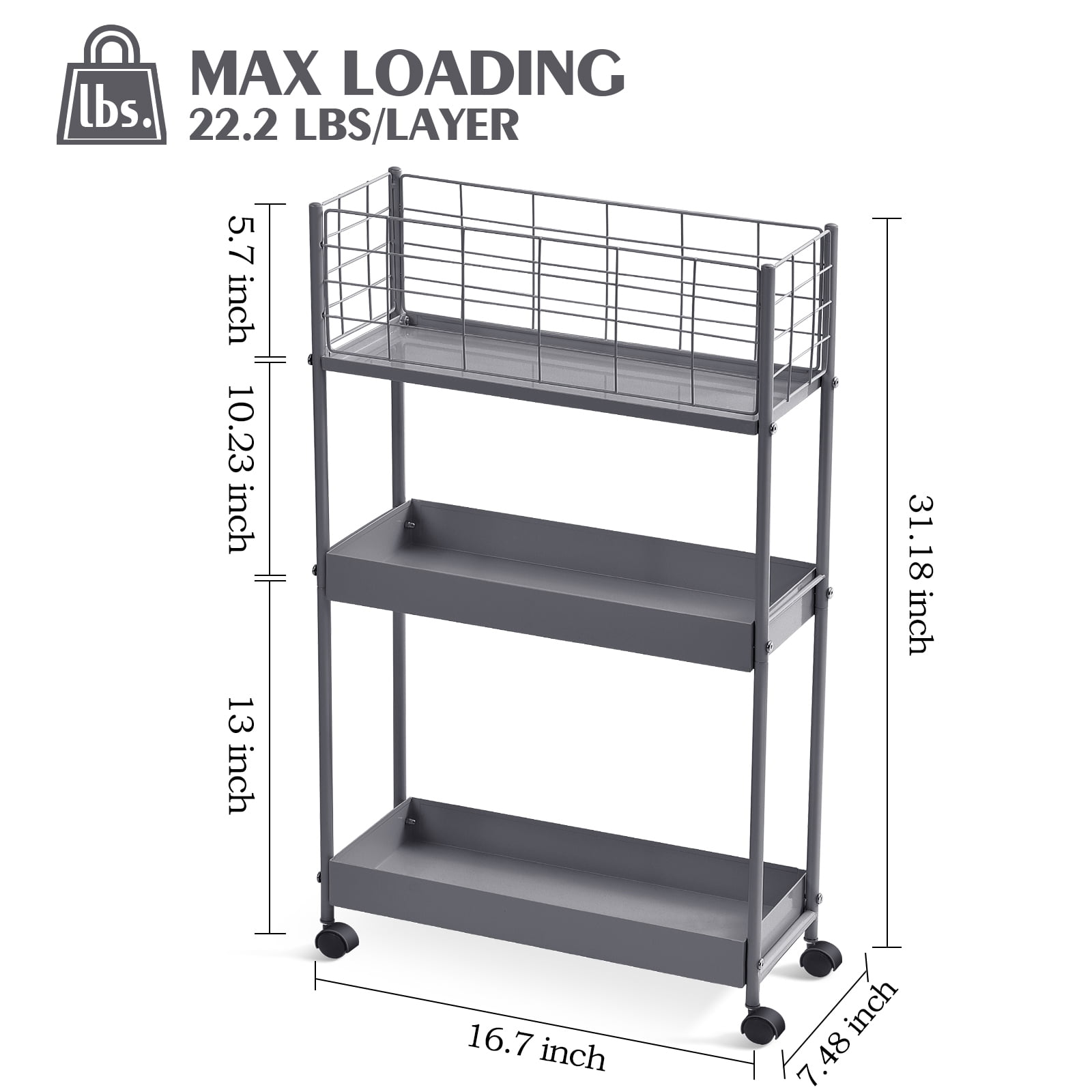 KK KINGRACK 3-Tier Metal Utility Rolling Cart with Wheels, Garage Storage,  Slim Storage Cart for Office Kitchen Bathroom Narrow Place, File Grey