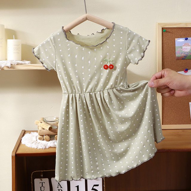 XIMIN Nouvelle Combinaison d'Été pour Enfants Filles Manches Courtes Col Rond Imprimé Cerise Décontracté Mode Maison Robe à Pois Décontractée (6-12 Mois, Vert)