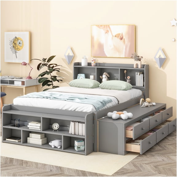 JERFIT Grey Full Size Storage Bed with Bookcase Headboard, 6 Drawers Footboard Organizer, Modern Platform Bed Frame with Ample Storage