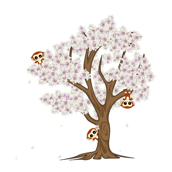 Cherry Blossom Tree with Hanging Monkey- Floral DIY Wall Art - Mural Decor For Home - Self Adhesive Vinyl Made Stickers For Nursery,Living Room,Baby room,Bed room etc-Size: 10" x 10".