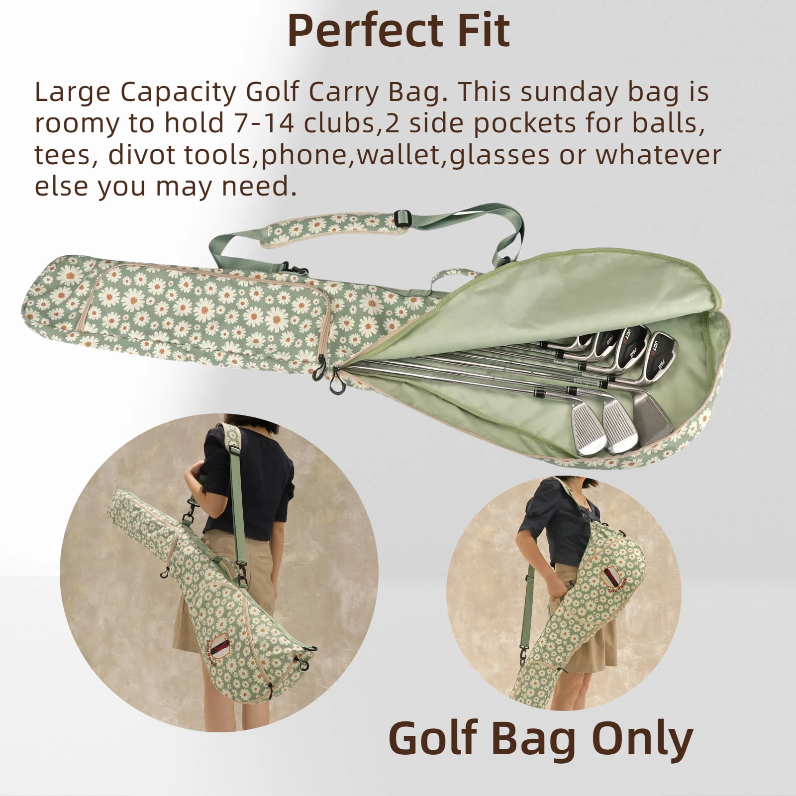 TOURBON Waterproof Sunday Golf Bag, Lightweight Nylon Floral Print Golf Club Carry Bag for Driving Range, Travel & Storage, Holds 7-9 Clubs-1 Count