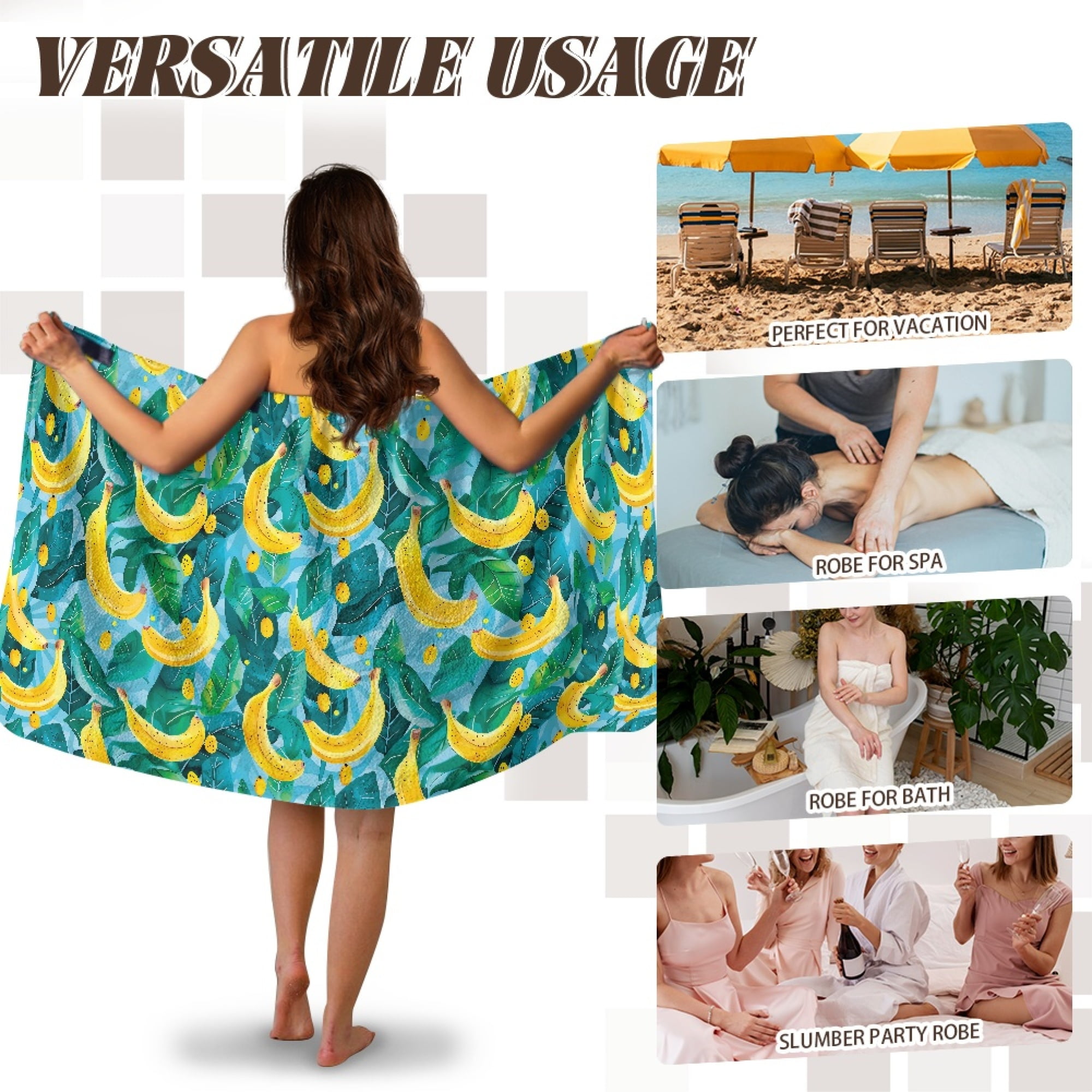 Yuyamidu Banana Bath Wrap Towels for Women Palm Leaves Towel Wrap for Spa Bathroom Knee Length Shower Wrap with Pocket Reusable Bath Towels Elastic Washcloth Size XL