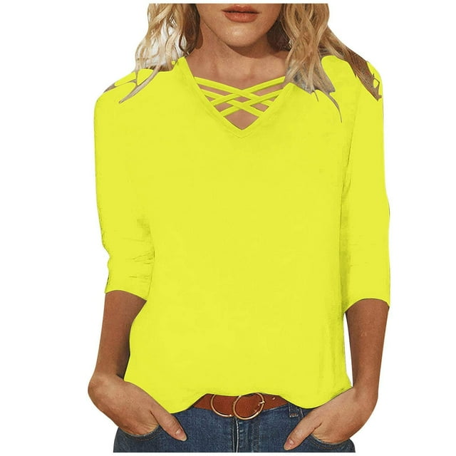 Timegard Hauts pour Femmes Grande Taille Col en V Croisé Manches 3/4 Couleur Unie T-Shirts Confortables Automne Décontracté
