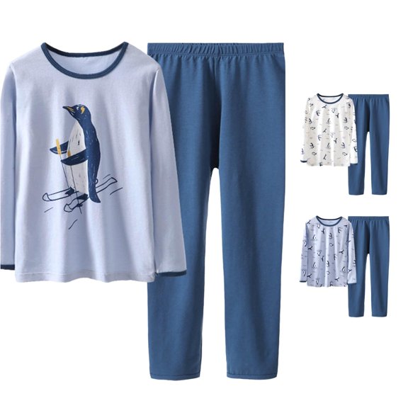 AWZXDE Boys Winter Thermal Pajamas With Cute Penguin Print Soft Stretch Long Sleeve Two Piece For Kids Youth Cozy Home Loungewear Blue,14-15 Years
