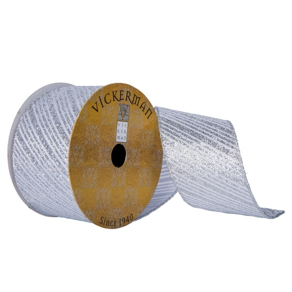 Vickerman 2.5" x 10 Yards Silver Glitter Stripe Diagonal Christmas Ribbon