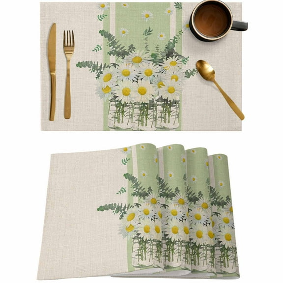Daisy Flower Green Leaf Vase Placemats Set of 4,Wipeable Washable Table Mats for Dining Tables,Summer Floral Plant Retro Cotton Linen Place Mats for Kitchen Event Party Tabletop Decor