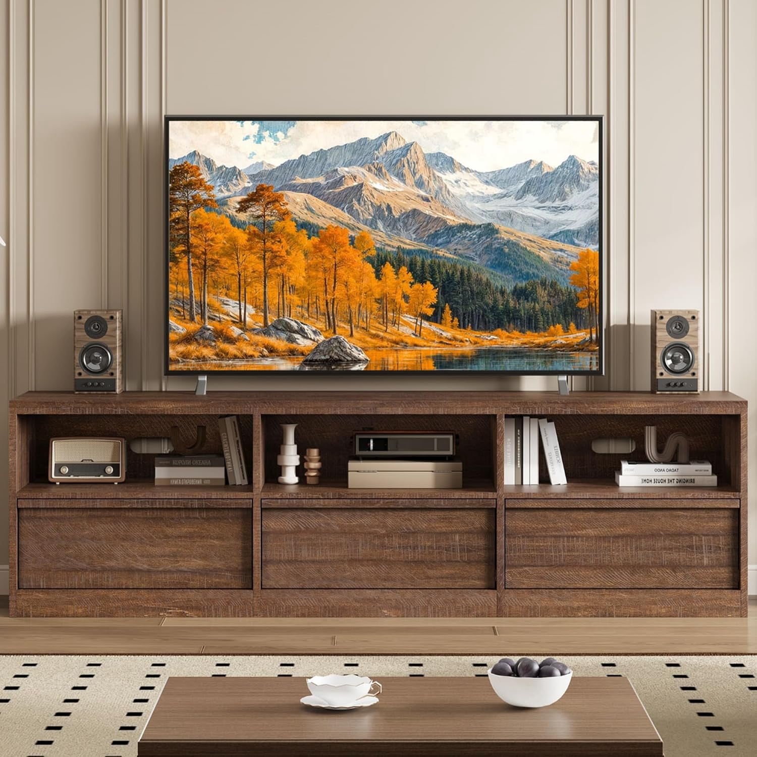 Garvee 70" TV Stand for TVs up to 85", Mid Century Modern Entertainment Center with Drawer, Open Shelves & Cable Management, Vintage Brown
