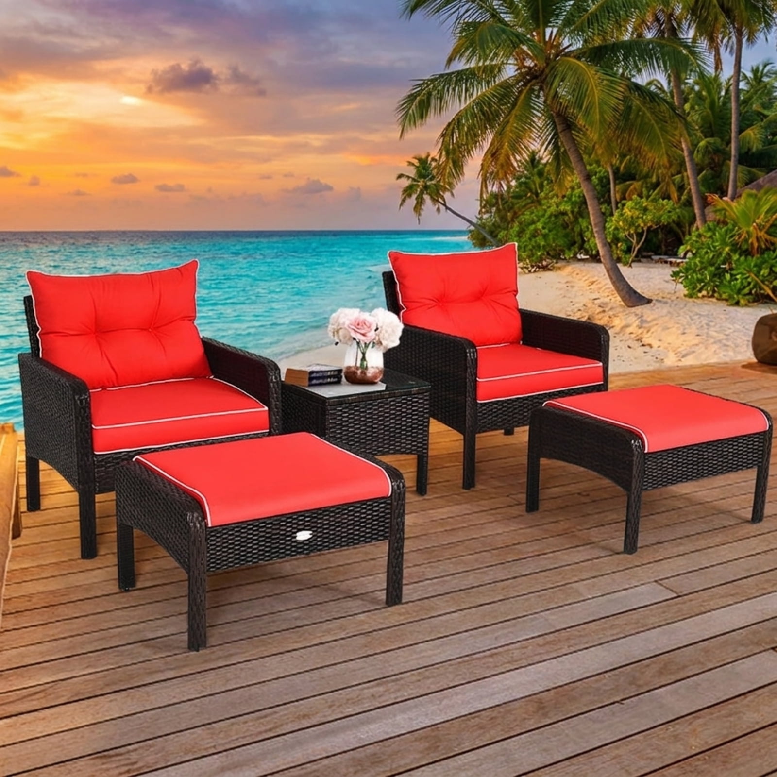 Biotree 5 Piece Patio Rattan Sofa Ottoman Set outdoor conversation set with cushions and glass side table for garden backyard and porch, Red