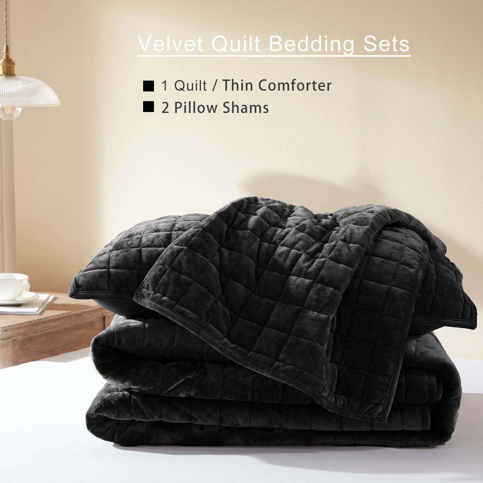 Velvet Quilt King Size-98''x106'', Lightweight Black Velvet Comforter Set with 2 Pillow Shams, Soft Bedspread Coverlet Quilted Bedding Set for All Season