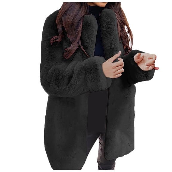 Women's Winter Faux Fur Coat - Long-Sleeve Lapel Solid Color Warm Outerwear, Black, 4XL
