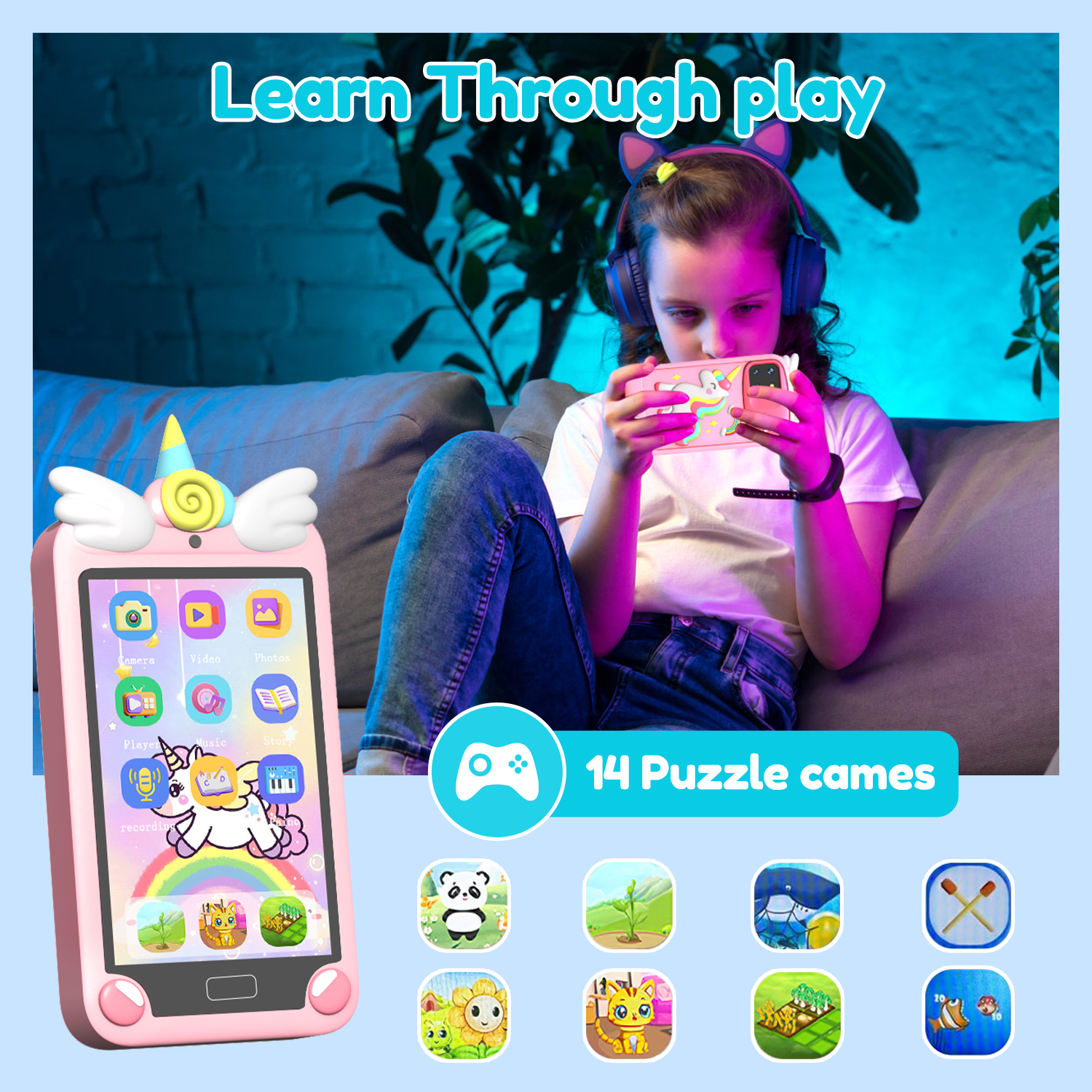 Merryhome Kids Smart Phone for Girls with 4.0" Large Touchscreen, 32G Card Christmas Birthday Gifts for Age 3-10 Kid Toys Cell Phone with Holographic Pyramid, Dual Lens, Music Player Pink