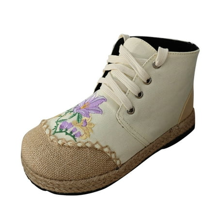 QYZEU Comfortable White Sneakers for Women Business Casual Shoes for Women Winter Women s Fashion Round Head Cotton and Linen Platform Shoes Lace Flower Non Slip Sneakers Khaki 40
