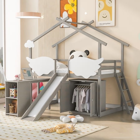 CoSoTower Twin Size House Bed with Wardrobe  Slide and Ladder  Wing-Shaped Fence  Pullable Desk with Storage  Worn Gray+White