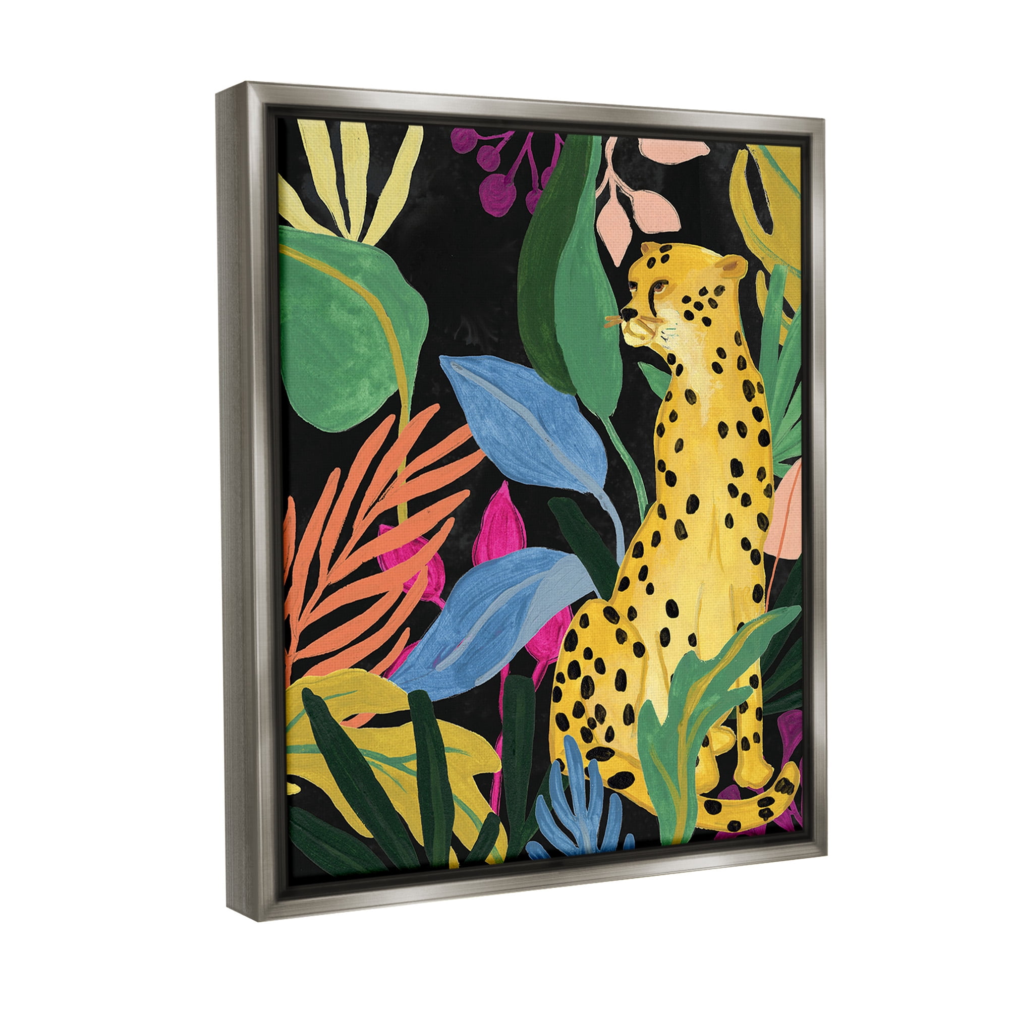 Stupell Industries Leopard Among Plant Leaves Animals & Insects Painting Gray Floater Framed Canvas Art Print Wall Art, 25 x 31