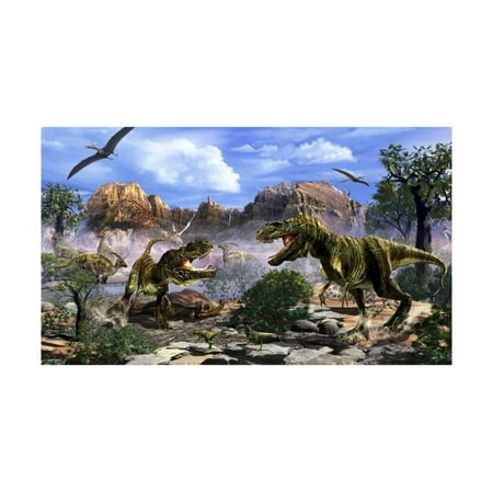 Dead 2 Art - Two T-Rex Dinosaurs Fighting over a Dead Carcass Print Wall Art By Stocktrek Images