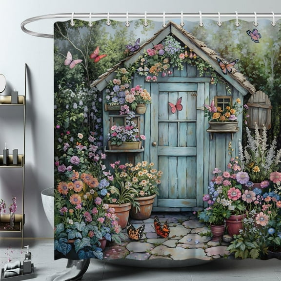 Outhouse Shower Curtain Vintage Farmhouse Garden Rustic Flower Cottage Teal Wooden Board Country Scene Bath Decor Polyesters Fabric Curtains 72X72 Inch