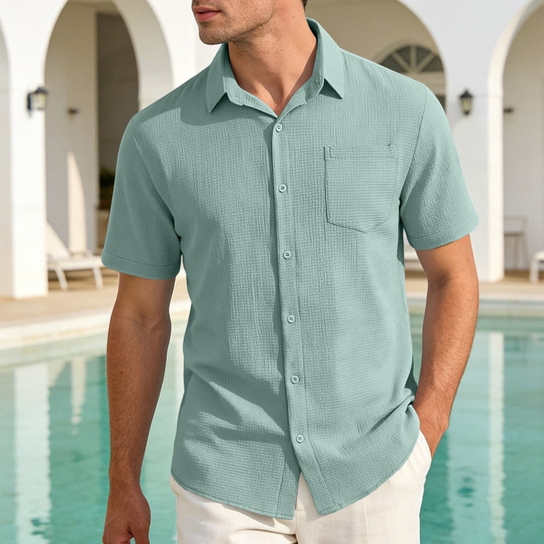 short sleeve dress shirt spread collar Men's Casual Button Down Short Sleeve Shirt in Olive Green Cotton Twill Large