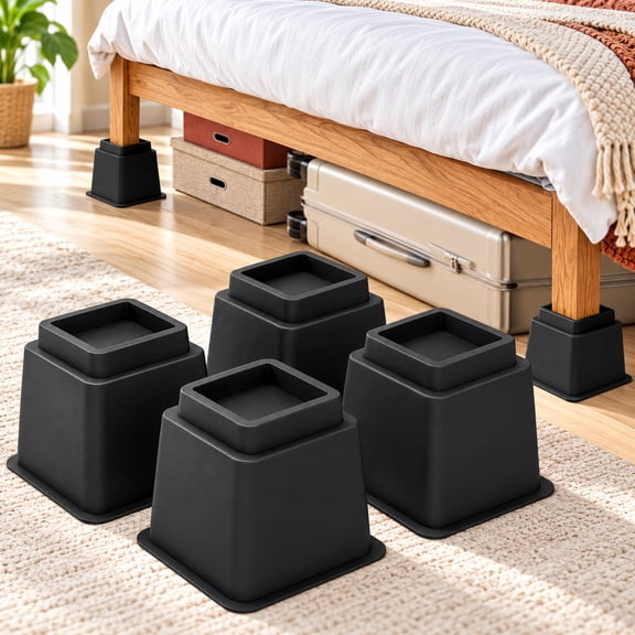 Windiluna 5 inch Bed Risers, 4 pack Heavy Duty Plastic Furniture Lifts for Beds, Desks & Sofas, Supports up to 1,300 lbs, Black