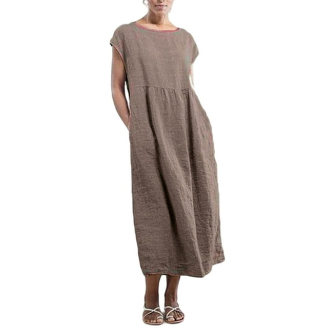 Innerwin Dresses Crew Neck Ladies Dress Beach Solid Color Loose Sundress Brown M