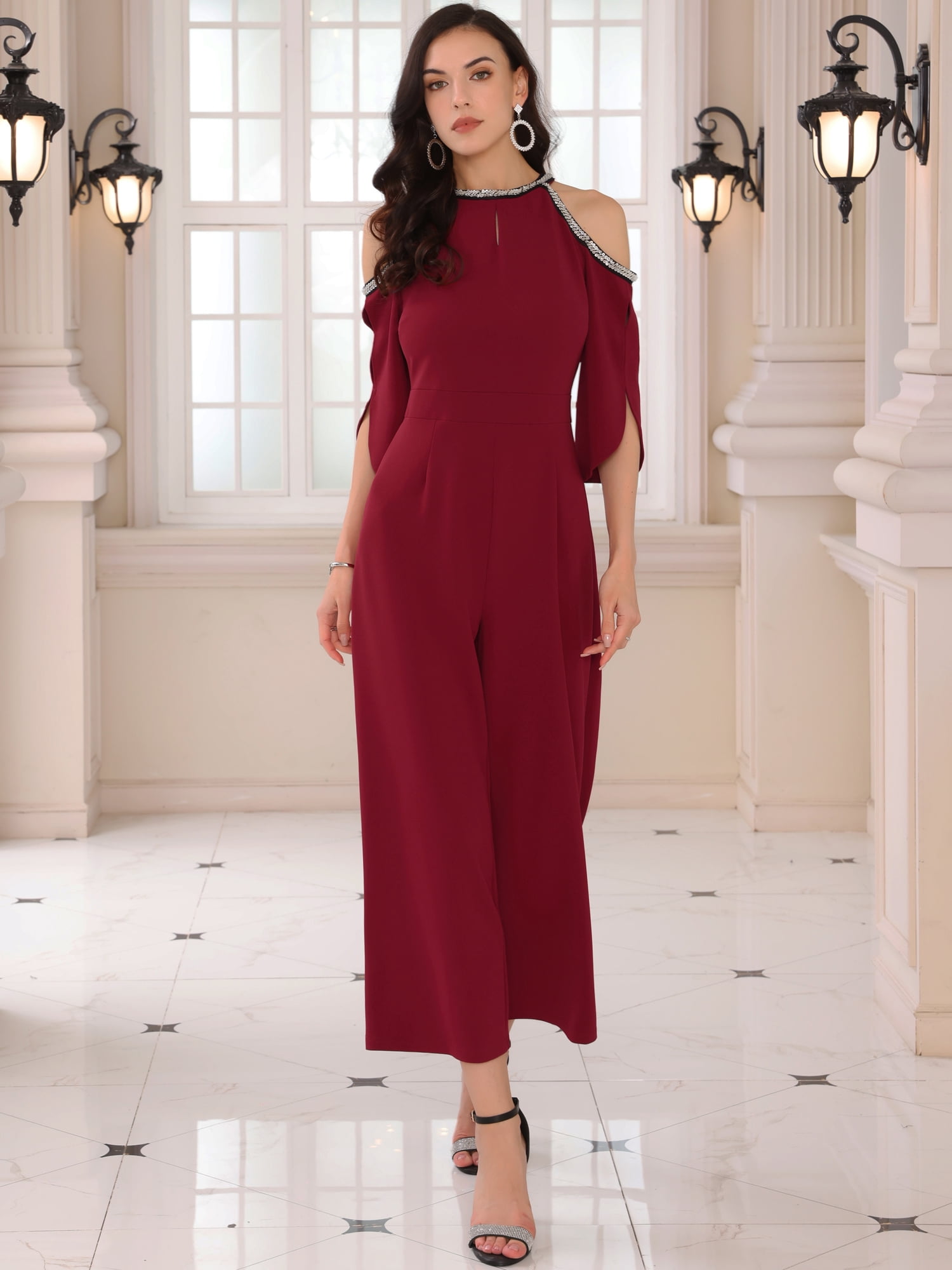 DARING DIVA Women's Dressy Jumpsuit Split Sleeve Wide Legs Cocktai L Wine Red