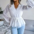 thumbnail image 4 of Top de lunares de manga larga Camisa anudada con estampado informal para mujer Blusa con manga de linterna Blanco L, 4 of 7