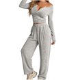 thumbnail image 2 of Bzdzmqm Women's 2 Piece Outfits V Neck Long Sleeve Crop Top and Wide Leg Pants Set Casual Lounge Matching Tracksuit Solid Basic Fall Travel Vacation Daily Wear Comfy, Gray XL, 2 of 6