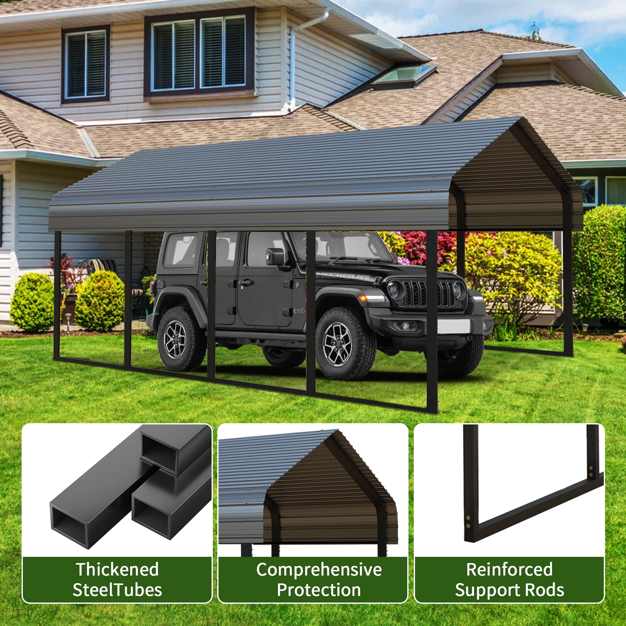 10x20 ft Heavy-Duty Carport Canopy Kit, Galvanized Steel Portable Garage for RV, Truck, Boat & 1 Cars, All-Weather Shelter, Easy Assembly