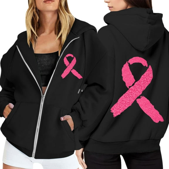 Women Sherpa Lined Sweatshirt for Cancer Awareness 2025 Fall Zip Pullover Oversized Crew Neck Hoodies Fashion Outfits Winter Clothing (Black, XXXL)