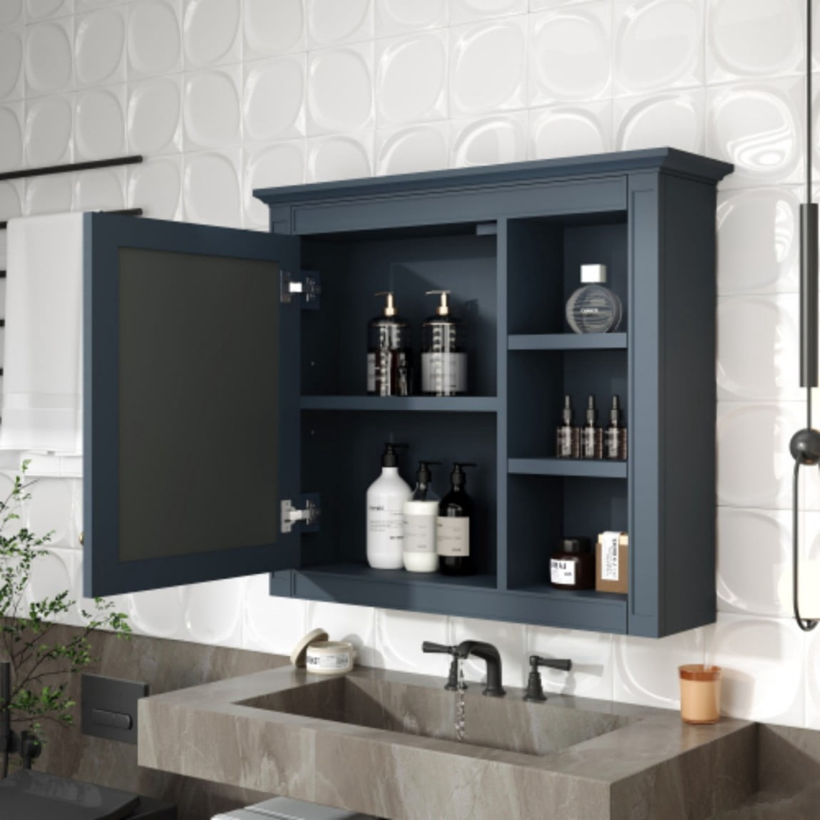 30"x 28" Wall Mounted Bathroom Medicine Cabinet with Mirror, Bathroom Storage Cabinet with Adjustable Shelf & 3 Open Shelves, Modern MDF Mirror Cabinet, Navy Blue