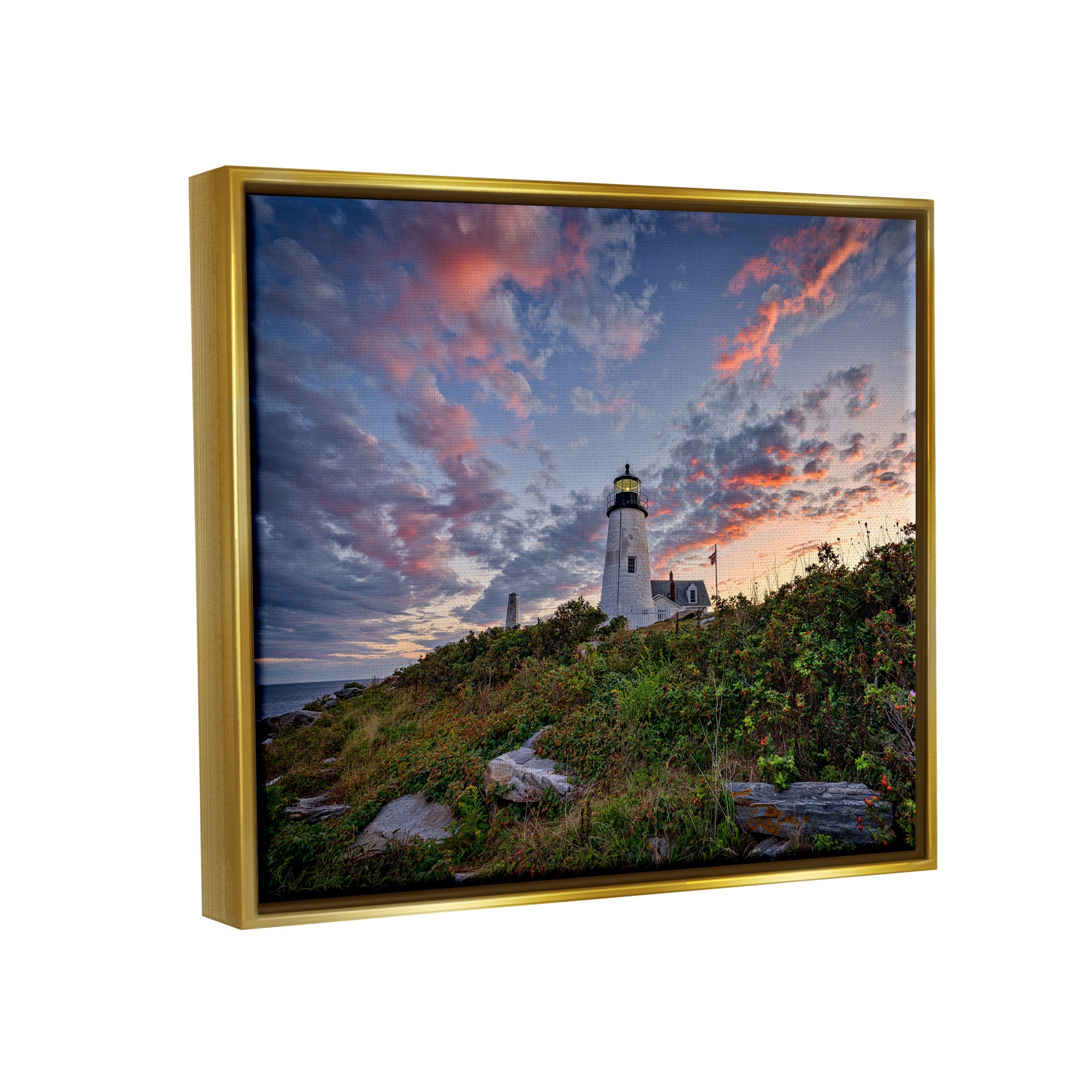 Stupell Nautical Lighthouse Pink Clouds Landscape Landscape Photography Gold Floater Framed Art Print Wall Art