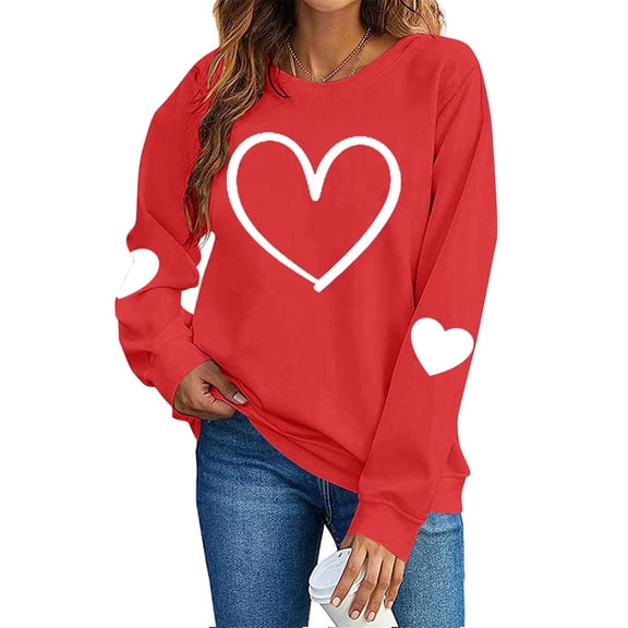 mihongmao Valentine's Day Heart Graphic Crewneck Sweatshirt Women's Round Neck Hearted Printed Long Sleeved Top Sweatshirts Red L