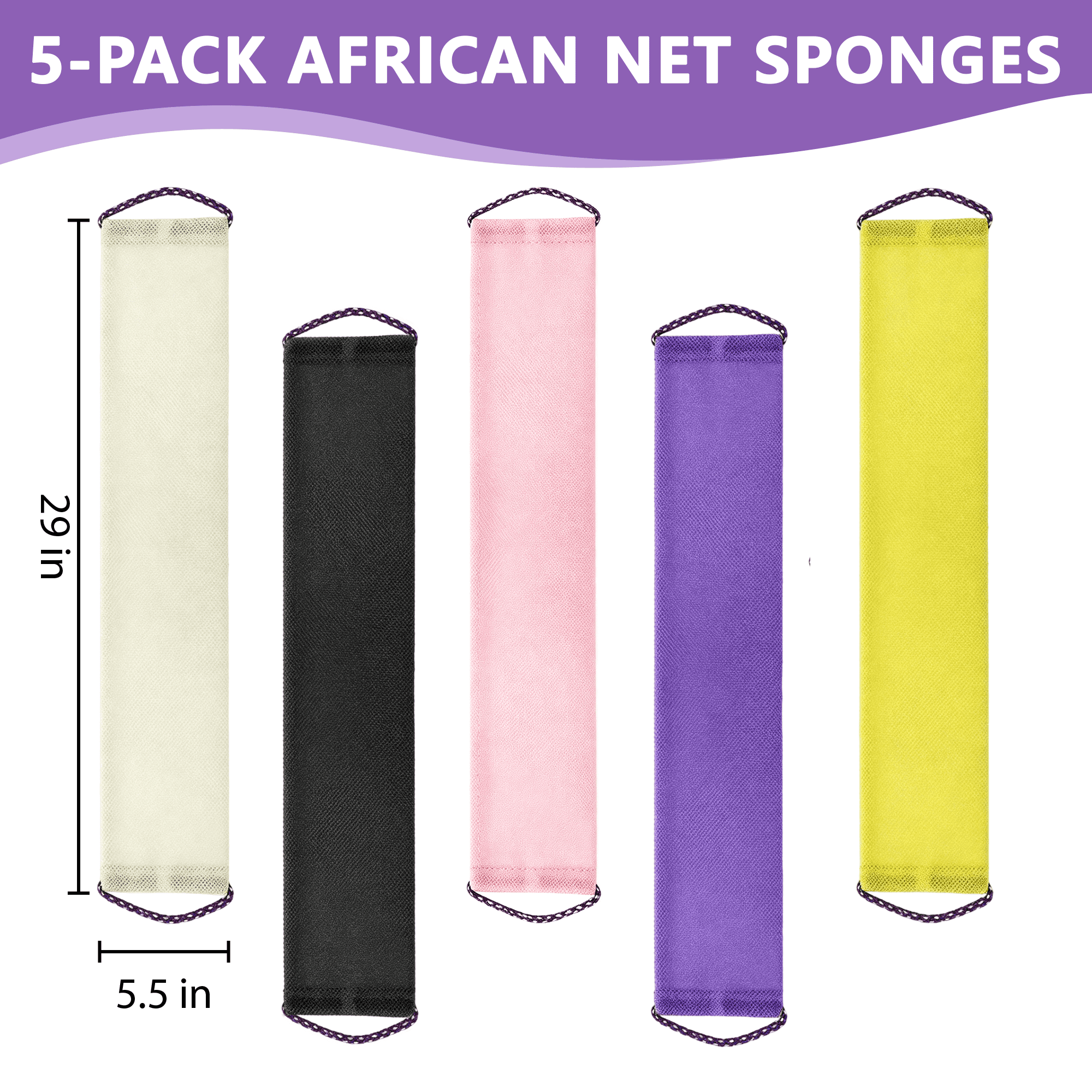 GARITIN African Net Sponge 5 Pack, Long Exfoliating Back Scrubber for Shower, Body Scrubber Exfoliator with Handles, Stretch Bath Net Wash Cloth for Skin Deep Cleansing