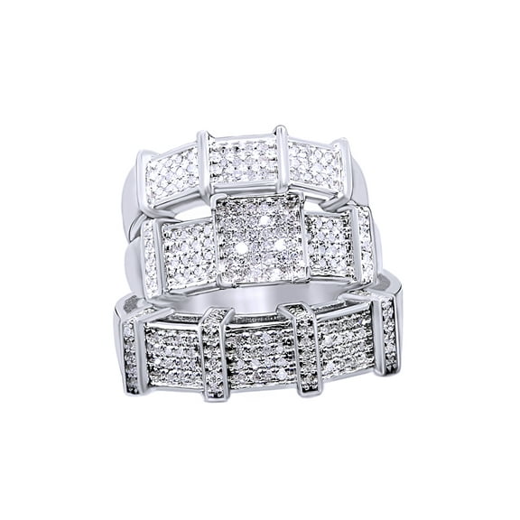 AFFY White Cubic Zirconia Engagement & Wedding Trio Band Ring Set In 10k White Gold (0.69 Cttw)
