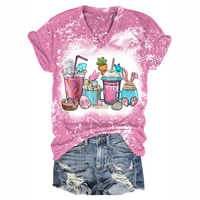 Gibobby Camiseta de manga corta con cuello en V Camiseta suelta informal con cuello en V para mujer, blusa manga corta con estampado(Rosa,XL)