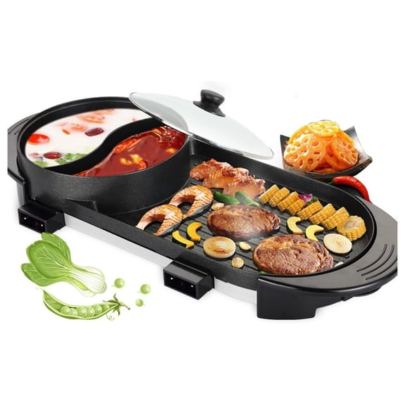 Electric Grill and Hot Pot,2 in 1 Multi-functional Indoor Smokeless Korean BBQ Grill Teppanyaki Hot Pot with Dual Temperature Control,2-8 People Capacity,110V