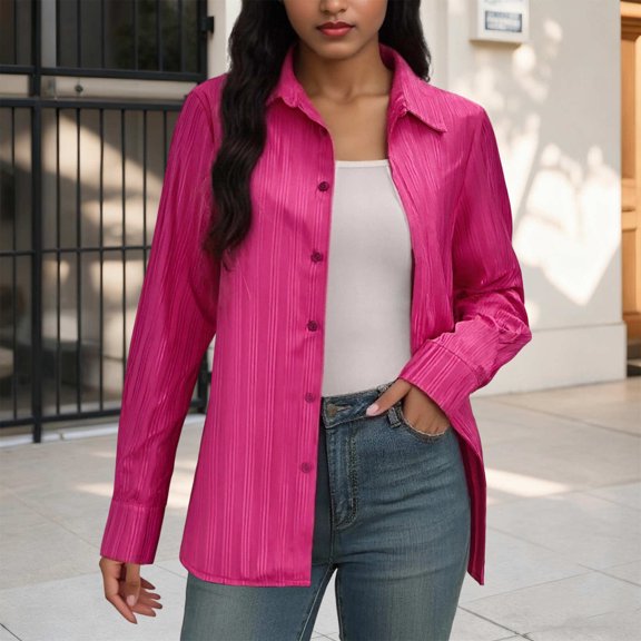 ClodeEU Women's Business Formal Long Sleeve Shirt,Striped Spring Fall Blouse Hot Pink,Womens Plus M