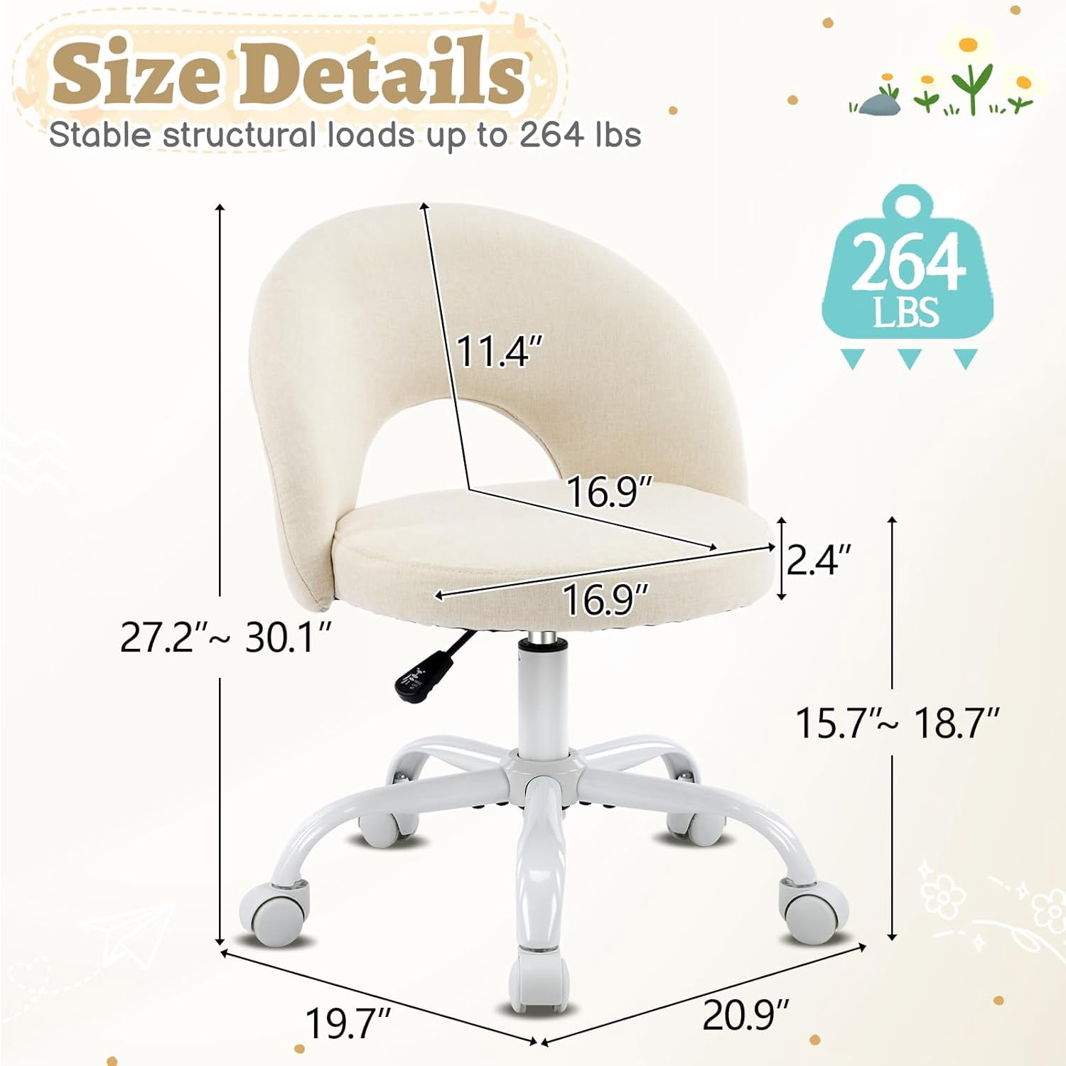 VINGLI Small Vanity Chair with Wheels for Girls.Cute Modern Adjustable Height Armless Office Desk Chair.360°Swivel Comfy Rolling Chair for Study, Make up Room,Small Space,Linen White