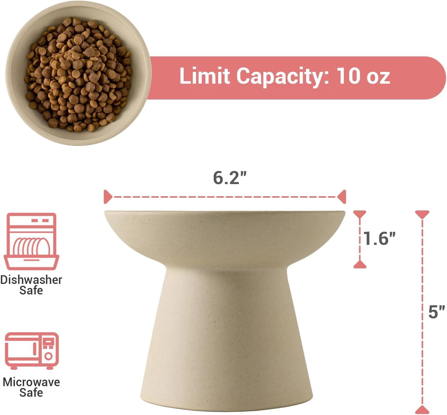 Extra Wide Elevated Ceramic Cat Bowl, 6.2" Shallow Dish for Whisker Fatigue Relief, 5" Height for Easy Feeding, Durable Raised Cat Food Bowls, Pack of 2, Pottery Clay (Not Glazed)