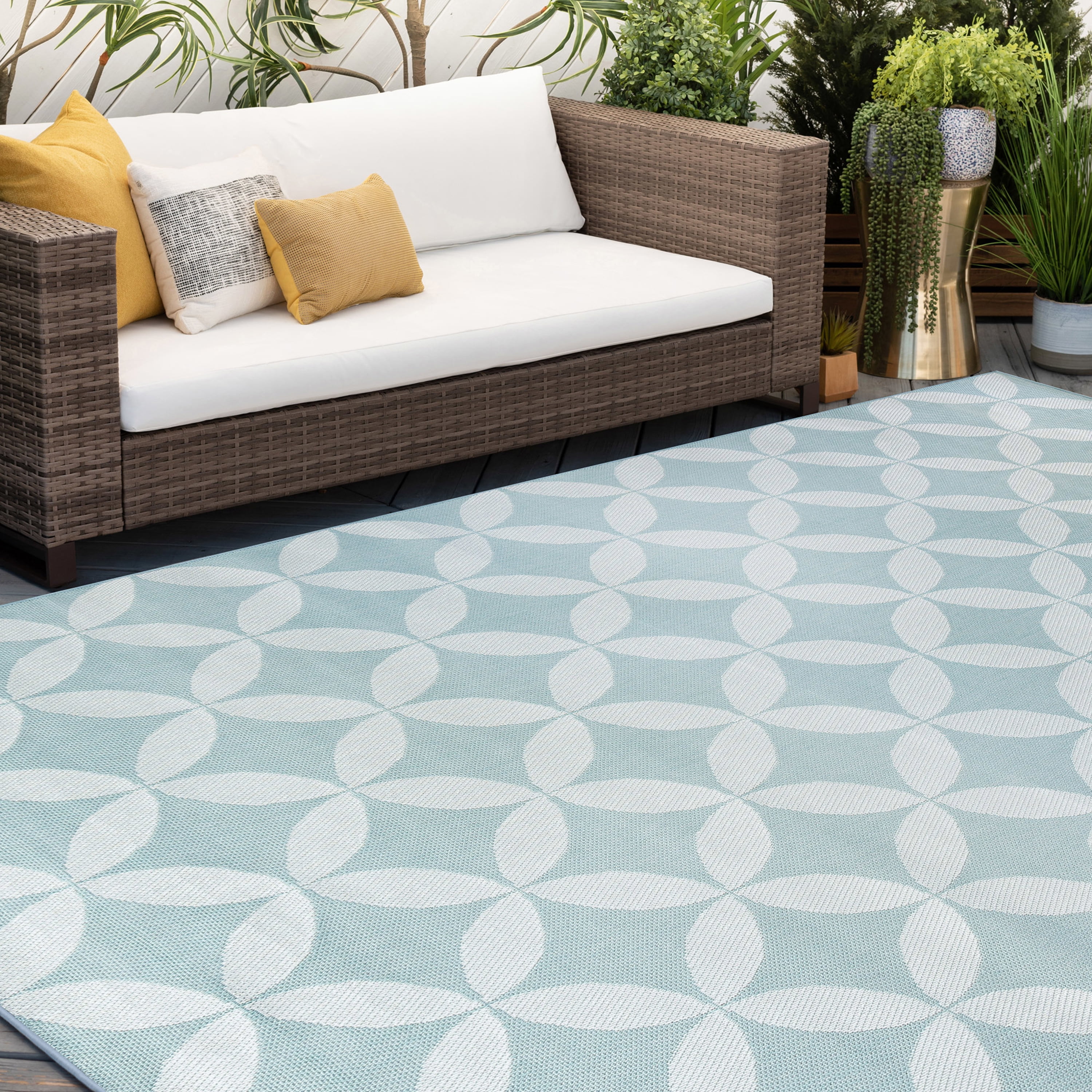Bliss Rugs Geometric Indoor Outdoor Area Rug for Patio, Porch, Garden | Aqua, 5' x 6'11''