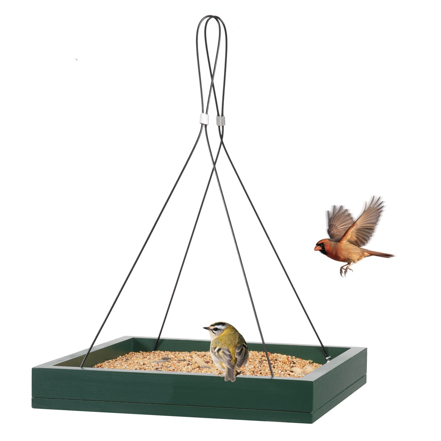XYADX Outdoor Hanging Bird Feeder Tray, Wooden Mesh Seed Platform, Green, 1 Pack, for Wild Birds