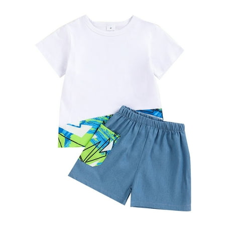 

Kid Toddler Boys Outfits Two Piece Summer New Geometric Pattern Round Neck Short Sleeved T Shirt + Shorts Baby Boys Summer Clothing Sets Size 100 White
