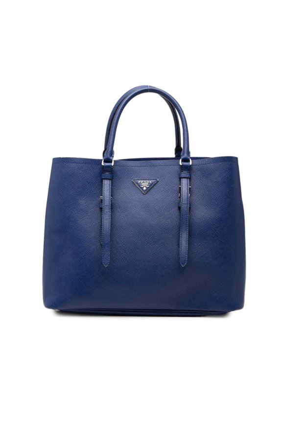 Pre-Owned Prada Triangle Logo Plate Tote Bag, Blue Saffiano Leather, Women's PRADA